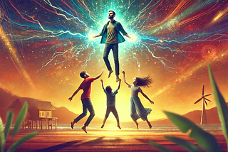 Father floating in the air, held up by energy created by his children