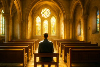 Image of a solitary man sitting on a wooden pew inside a bright, sunlit church, facing the stained-glass windows at the front, with soft golden light filling the space and highlighting the empty rows of pews around him.