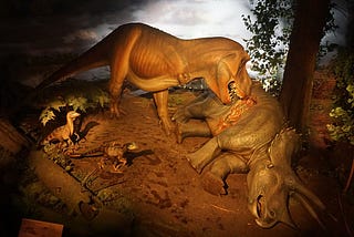 The Tyrannosaurus rex, Dromaeosaurus, Triceratops, and Struthiomimus diorama at the Milwaukee Public Museum in Milwaukee, Wisconsin.