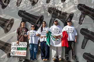 A group of five protestors wearing white shirts reading “No One Is Illegal On Stolen Land” are holding signs and a Mexican flag in opposition of the ICE interventions in Los Angeles. They are standing in front of a repeating pattern of grayed-out megaphones — the pattern, itself, obscuring a black and white image of a demonstration where protestors have blocked highway access.