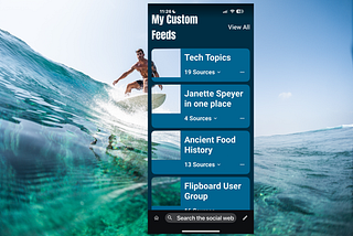 Surfer riding a huge wave under a screenshot similation of Flipboard’s Surf app