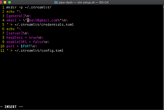 Vim editor showing the contents of setup.sh for a streamlit app