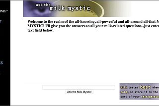 Screenshot of the Milk Mystic web-based chat interface from 1996