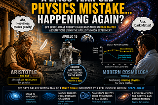 A cinematic science infographic comparing ancient and modern physics ideas. On the left, Aristotle sits beside a falling feather with a thought bubble saying “Aha, heaviness makes gravity!” representing the ancient misconception that heavier objects fall faster. In the center, an Apollo 15 astronaut stands on the Moon beside a hammer and feather, referencing the famous 1971 experiment proving that gravity acts equally in the absence of air resistance. On the right, a modern cosmologist studies g