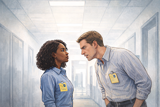 Black woman engineer in an office hallway faces a white male coworker leaning toward her, both wear engineering badges