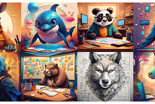 A grid of 8 cartoon characters, an arrdvark, a dolphin, a panda, a pigeon, a raven, a wombat, a wolf and a unicorn