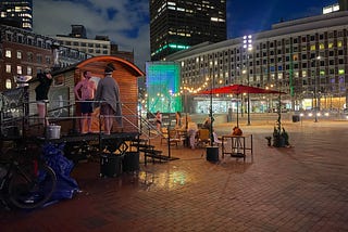 Visitors at our mobile pop-up, the Winter City Sauna, on Boston’s City Hall Plaza.