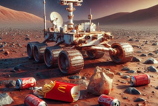 The martian rover ‘Insanity’ on planet Mars the 8th February 1955 with some lunch remains left by astronauts Diego El Stuno and Johnny B.Good