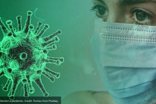 An enlarged picture of a green-colored spiked coronavirus that seems to float in the air, right before the sad eyes of a person wearing a white and blue medical face mask