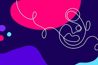 A line art face illustration with a colorful abstract background