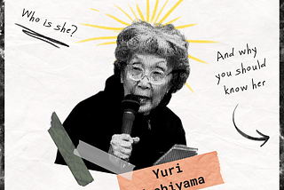 Yuri Kochiyama — Who is she? And why you should know her. Black and white picture of Kochiyama on white background with yellow and orange accents.