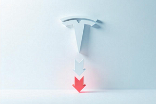 Tesla icon with red and white downward arrows below it signifying drop in its stock prices