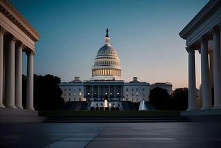 A digital art rendering of the US Capitol building from a distance landscape perspective, with two other government buildings with box-like shapes and columns in the front on each side of the facade. Leading up to the Capitol is a fountain and the setting of the image is at night after the sun has set and night time is setting in. The light of the rotunda lights up the dome of the building making it look majestic.