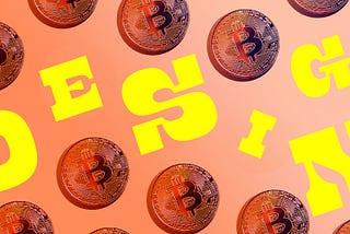 floating bitcoins with “design” written alongside them.