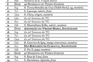 Calendário Litúrgico: Agosto 2021