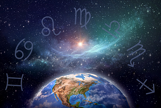 Image of the earth in the foreground and the Sun in the distance with some of the zodiac signs floating above.