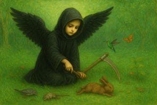 Child-like Angel of Death with small dead animals and living hummingbird and butterfly.