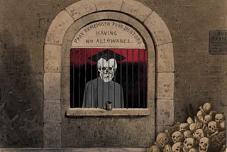 A debtor’s prison window; over its arch is the legend ‘Pray remember debtors having no allowance.’ Behind the bars is a skeletal figure in a student’s cap and gown. To the left is a pile of skulls surmounted by a raven.