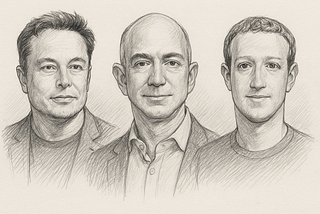 A pencil sketch of Musk, Bezos, and Zuckerberg
