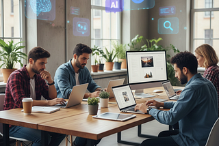 Marketing team working on laptops in a modern office with floating AI and Google search icons, illustrating Google’s message that GEO and AEO are simply extensions of traditional SEO fundamentals.