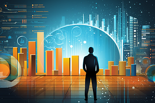 A man looking at statistics on AI in a digital concept.