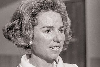 A black and white picture of the late Ethel Kennedy’s face