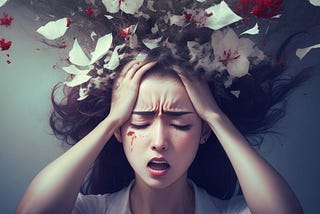 Suffering woman holding her had whilst white and read petals come out of it.