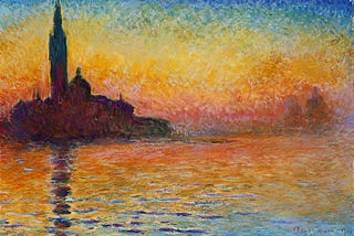 San Giorgio Maggiore al Crepuscolo is approximately two-by-three feet and painted in oil on canvas. It depicts mysterious buildings that seem to magically appear from the surrounding landscape, they almost seem to float in the background. The forms are gently inserted, though not enough to disguise their identity. The painting focuses on the Church of San Giorgio Maggiore with its bell tower rising to the top of the painting.