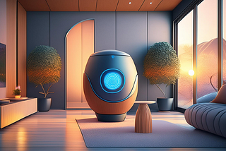 A futuristic home’s living room is shown, with a glowing blue device in the corner.