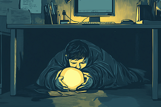 A person underneath their desk at work, wrapped up in a blanket and holding a warm, comforting light.
