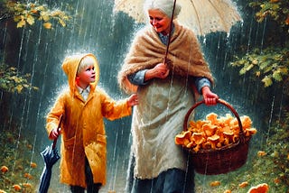 The image depicts a grandmother walking through the woods with her grandson. Both are holding umbrellas because it is raining. She carries a basket filled with chanterelles, and more chanterelles are scattered on the forest floor. They are holding hands and looking happily at each other.