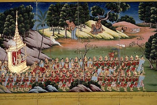 Prince Siddhattha is shown travelling to a park in a palanquin drawn by courtiers and soldiers.