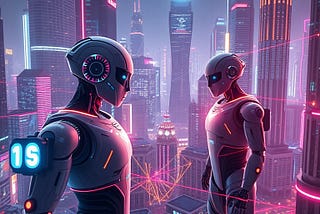 “Humans and AI robots collaborating in a futuristic city, symbolizing harmony and shared progress.”