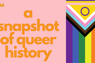 text on light pink background next to an image of the pride progress flag reads “a snapshot of queer history”