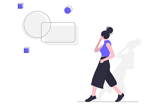 Drawn vector image of woman walking and looking at shapes in background