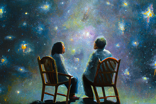 A realistic oil painting of two people seated in chairs talking to each other flying through the cosmos