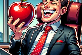 A man in a business suit eating a red apple and looking very pleased with himself