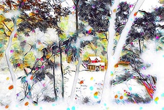An unfinished looking filtered image of a landcape with a house and trees. You cannot see the lake that the house sits on.