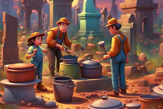 Archaeologists discovering pots and pans.