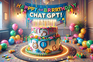The image displays a celebratory birthday scene with a large, colorful cake at the center, adorned with icons and the number 1 to mark ChatGPT’s first birthday. Balloons, confetti, and presents add to the festive atmosphere.