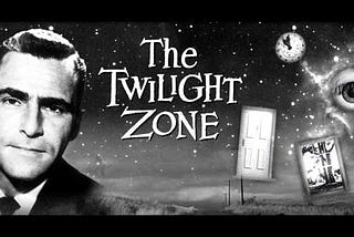 A black and white image of Rod Serling with text “The Twilight Zone” along with varying odd images in a celestial sky.