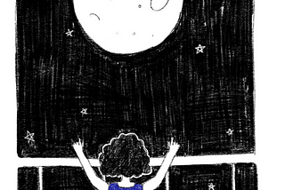 A young person with curly hear, starring out at a full moon, back turned with hands raised. They are wearing a red dress and stars are visible.