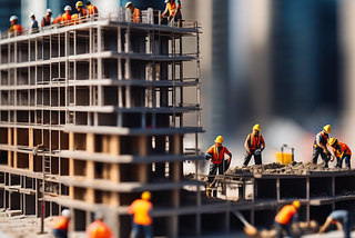 generated using InvokeAI with the stable-diffusion-xl model; real people, construction workers starting work on a skyscraper, in the style of a miniature model, shallow dof, tilt shift, high contrast, ultra detail, natural lighting