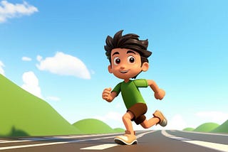 A cartoon boy sprinting on a road, full of energy and determination.