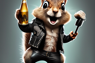 A picture of an AI generated image by a squirrel wearing a punk leather jacket, holding a microphone and a beer.