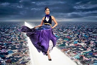 Woman on a fashion show over textile waste