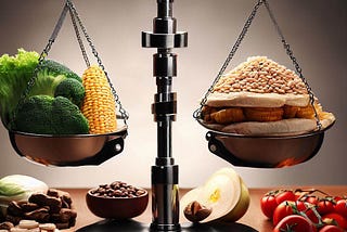 A picture of a scale weighing various fresh, whole foods