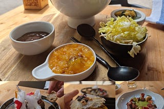 4 images of dishes, Duck and accompaniments, Pâté with candy floss, cherries and eel, seabass taco and a medley of shellfish with a spicy leek sauce