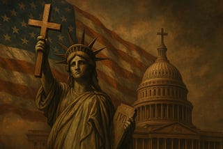 The Statue of Liberty holding a cross in front of a waving American flag and the Capitol Building.