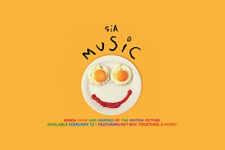 Poster for Music. Paper plate on yellow background with eggs and ketchup making a smiley face. “Music” curves around plate